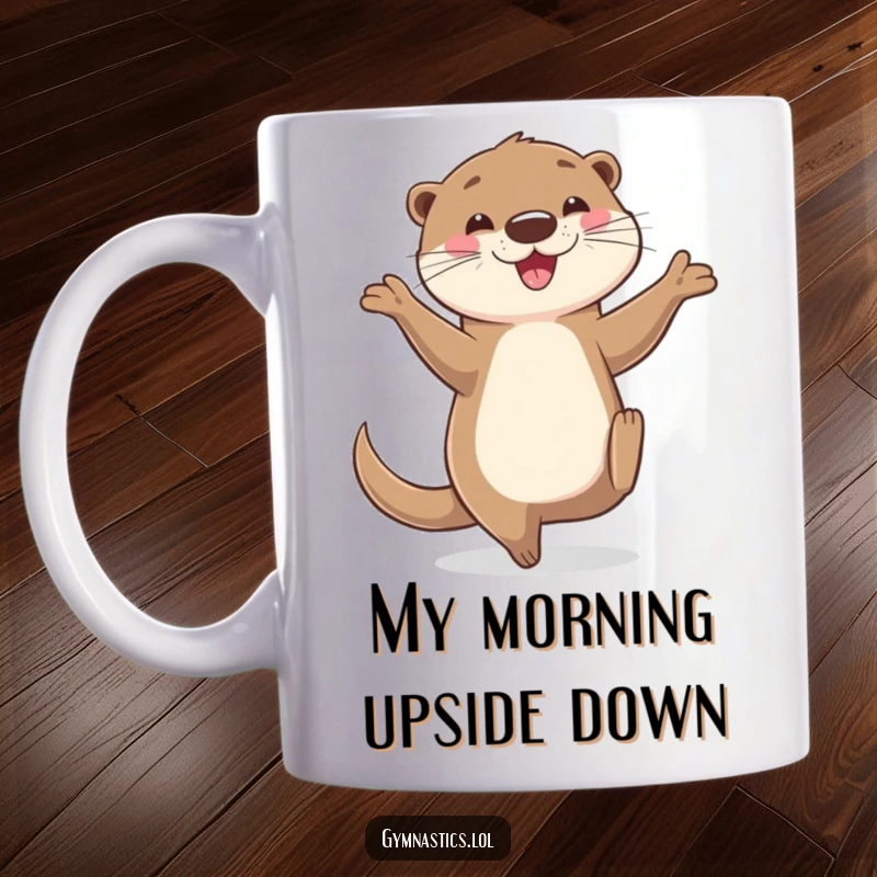 Funny otter mug showing a happy otter balancing on one hand with legs in the air, symbolizing playfulness and flexibility.