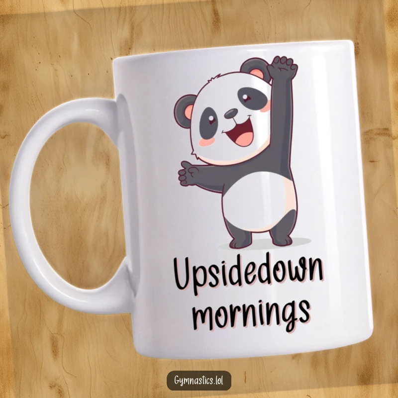 Funny panda wobbling attempting a handstand, with a happy expression, on a humorous mug.