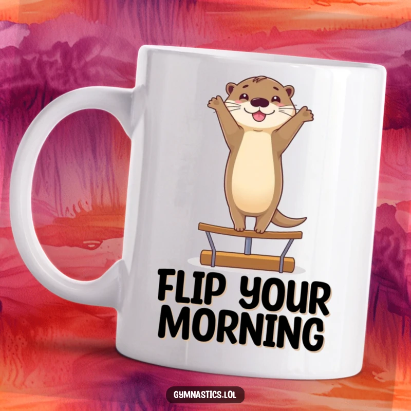Funny mug showing a smiling otter doing a graceful handstand on a balance beam, conveying joy, balance, and playful skill.