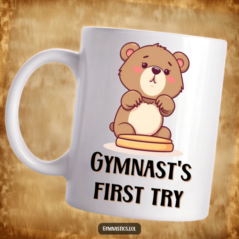 Funny Bear Cub Mug with a curious cub stretching front paws onto a pommel horse, ready for a chuckle.
