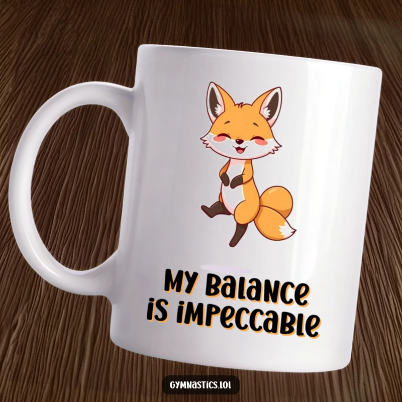 Funny mug featuring a grinning fox artistically balancing on one tiny foot, showcasing its playful and agile personality.