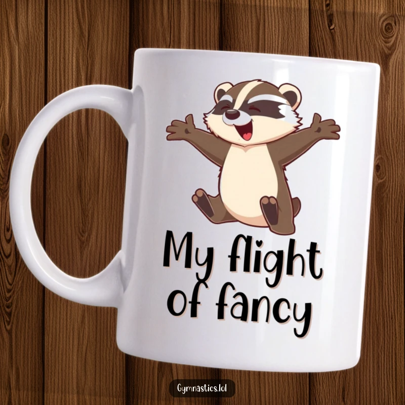 Funny badger mug showing a graceful badger leaping mid-flight with arms outstretched, symbolizing freedom and joyful movement.