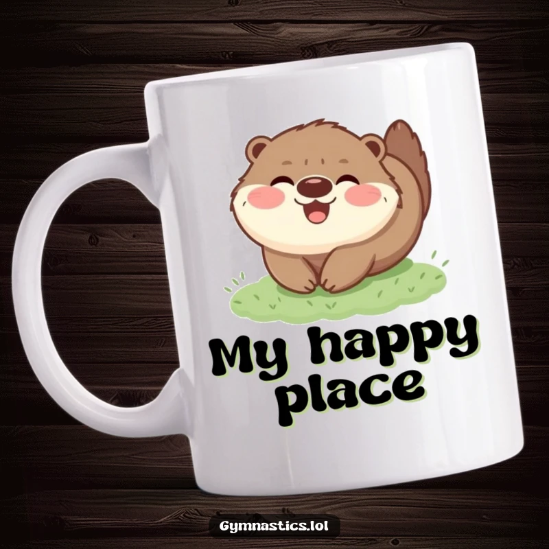 Funny mug featuring a happy, fluffy otter tumbling joyfully on soft green grass, embodying playful exuberance and cute animal charm.