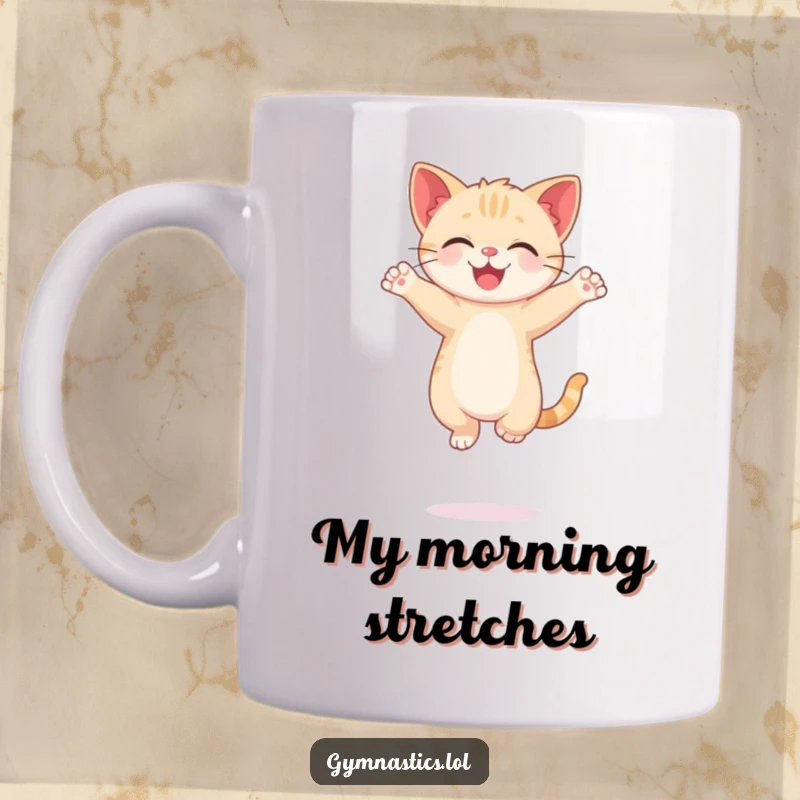 Funny Kitten Mug with a happy cat balancing on one paw, arms outstretched in a yoga pose, ready to bring laughter.