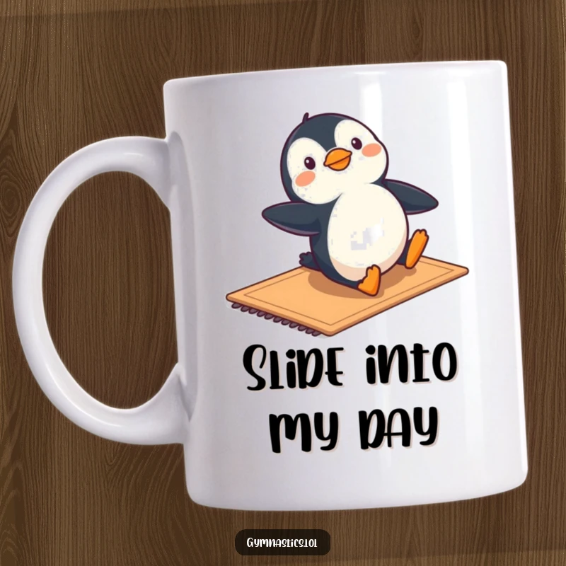 Funny mug showing a happy penguin sliding gracefully across a mat in a playful gymnastic pose, full of joy.