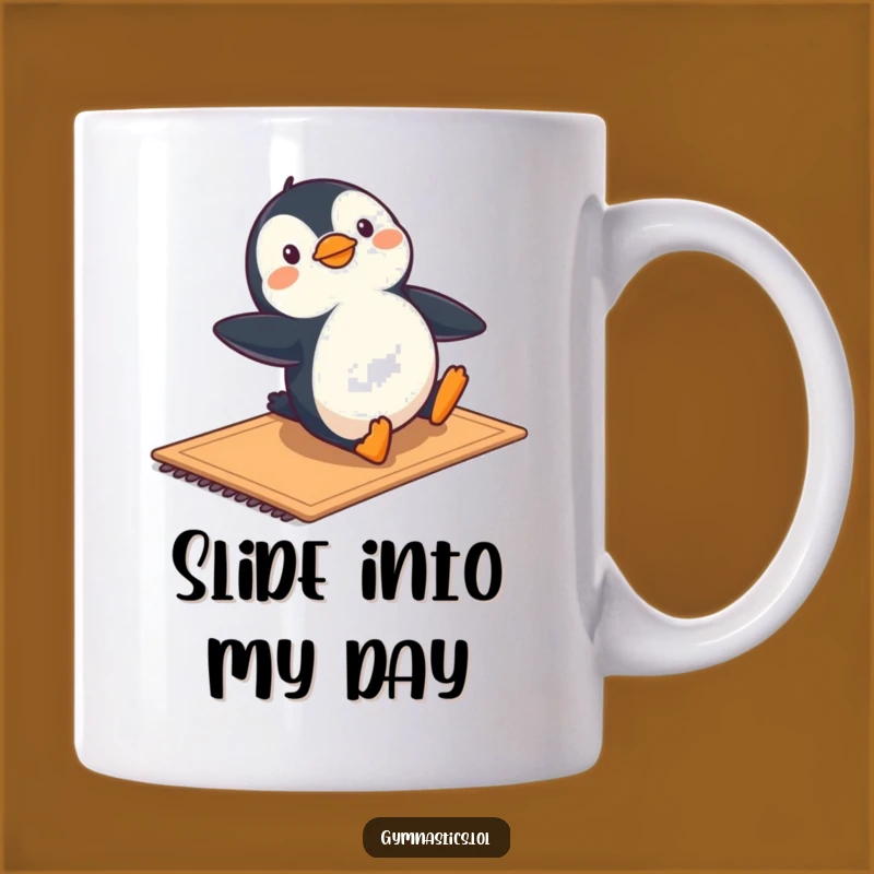 Funny Penguin Gymnastics Mug - Playful Sliding Acrobat Gift