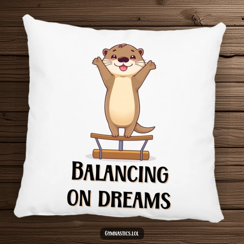 Funny pillow featuring a smiling otter doing a graceful handstand on a balance beam, offering comfort and a dose of playful skill.