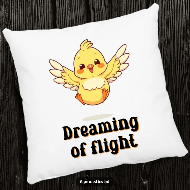 Funny chick landing a jump with wings spread, a soft and humorous pillow for decoration.