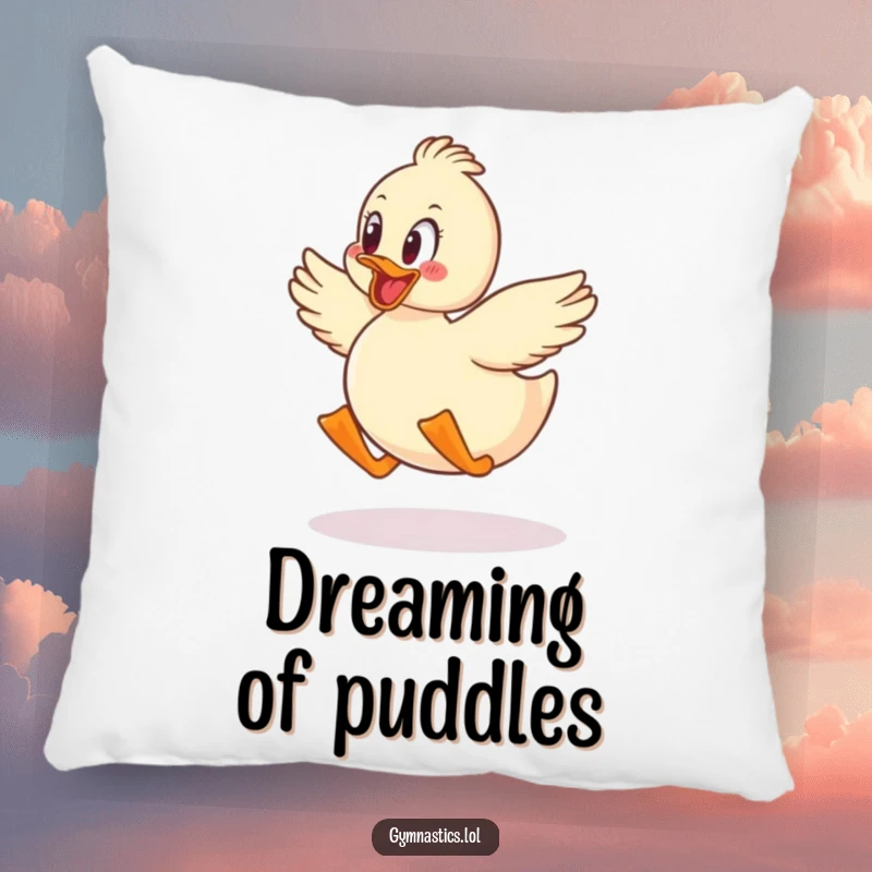 Funny duck jumping with glee, a soft and humorous pillow for relaxation and decor.