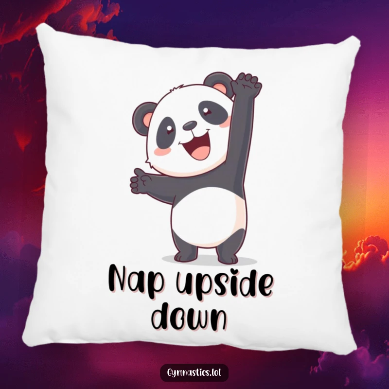 Funny panda attempting a handstand, a soft and humorous pillow for relaxation and decor.