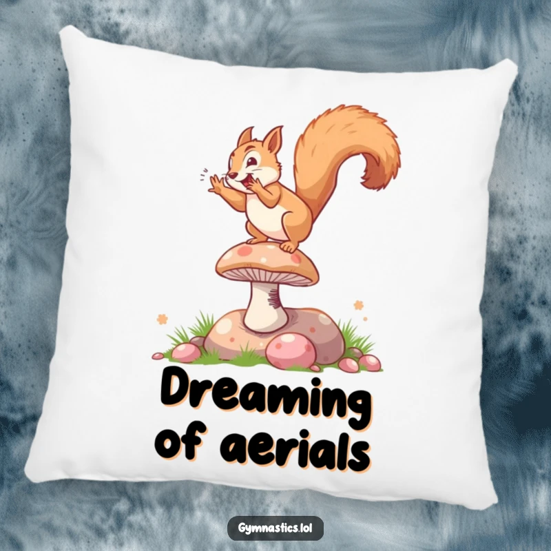 Funny pillow featuring a joyful squirrel in mid-somersault on a springy mushroom, offering comfort and a humorous visual.