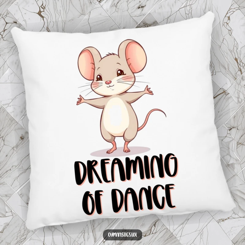 Funny shy mouse doing a shaky pirouette on a pillow, a soft and humorous decorative accent for any room.
