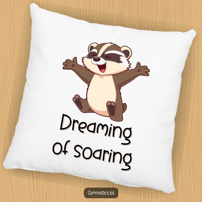 Funny badger pillow featuring a graceful badger leaping mid-flight with arms outstretched, adding a humorous and cozy touch to seating.