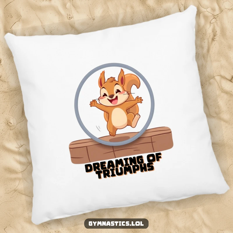 Funny squirrel pillow featuring a determined squirrel with a grin jumping through a hoop, adding a humorous and cozy touch.