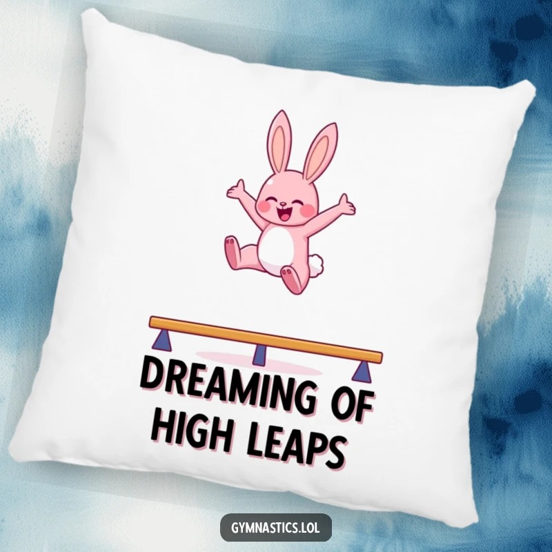 Funny bunny balance beam pillow showcasing a pink bunny leaping high in the air with arms outstretched, offering humorous comfort and decor.