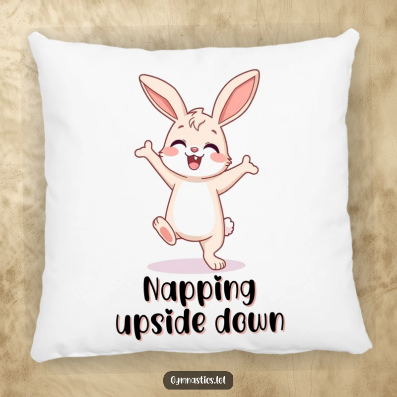 Funny Bunny Pillow: Happy bunny in a wobbly but enthusiastic handstand pose, bringing comfort and a touch of humorous motivation.
