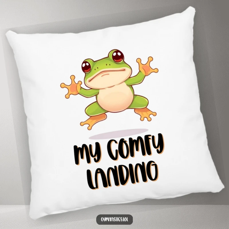 Funny frog pillow with a leaping frog landing awkwardly on its nose, perfect for adding a touch of comical humor.