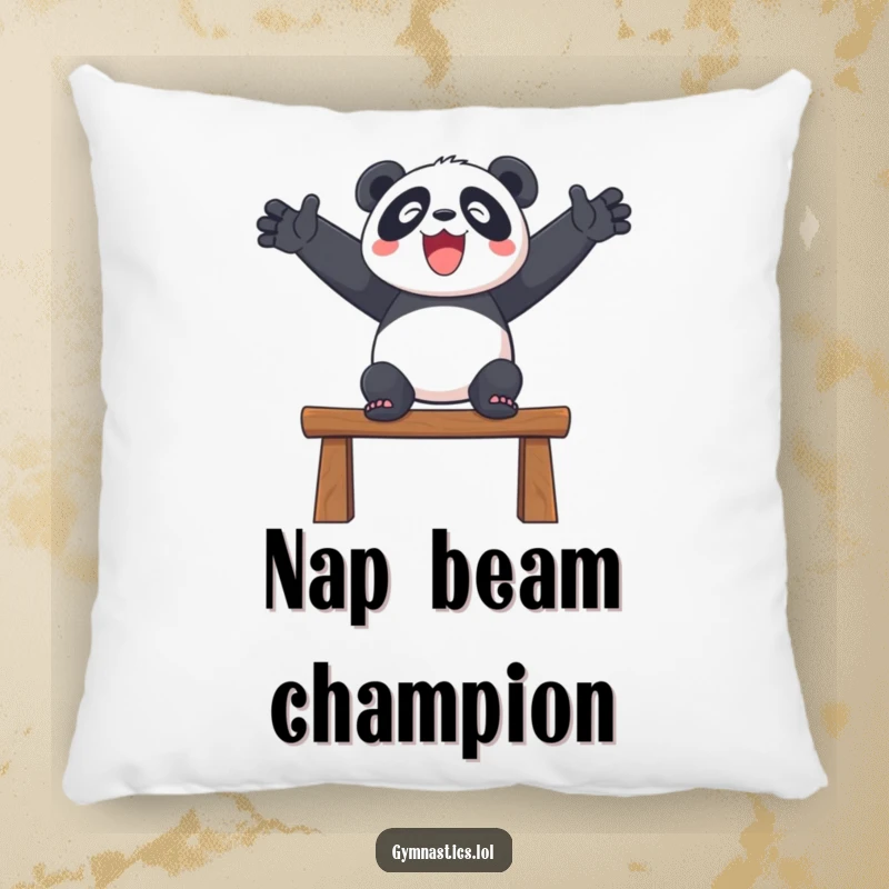 Funny pillow featuring a delighted panda balancing on a beam with outstretched arms, bringing comfort and humor.