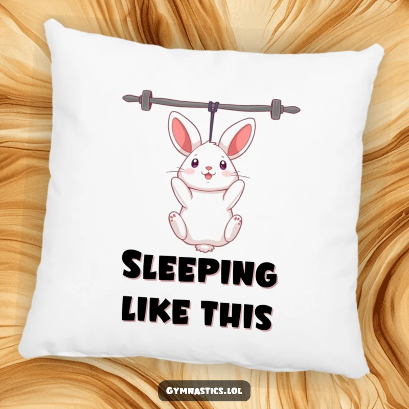 Funny rabbit pillow featuring a curious rabbit humorously hanging upside down from uneven bars, perfect for adding comfort and whimsy.