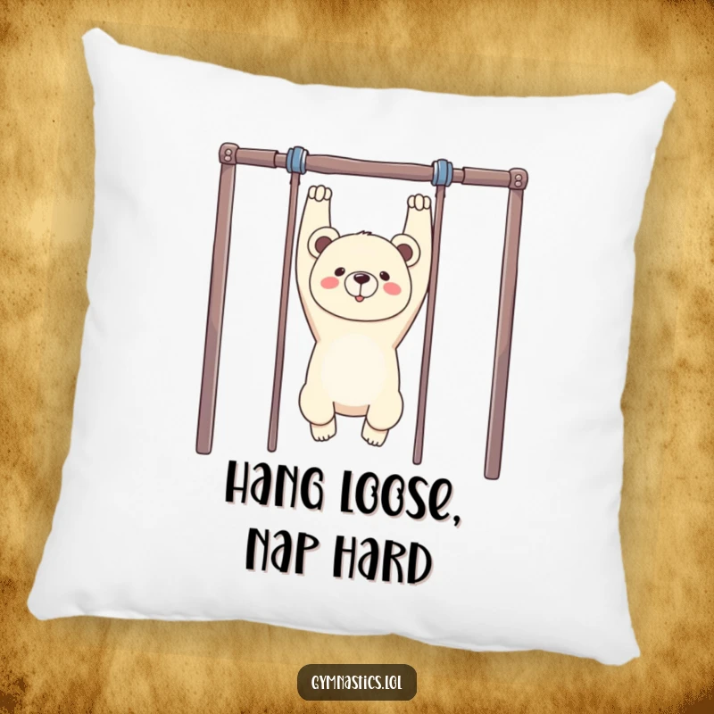 Funny Bear Gymnastics Pillow: A proud bear hangs upside down from uneven bars, offering a soft and humorous addition to any seating.