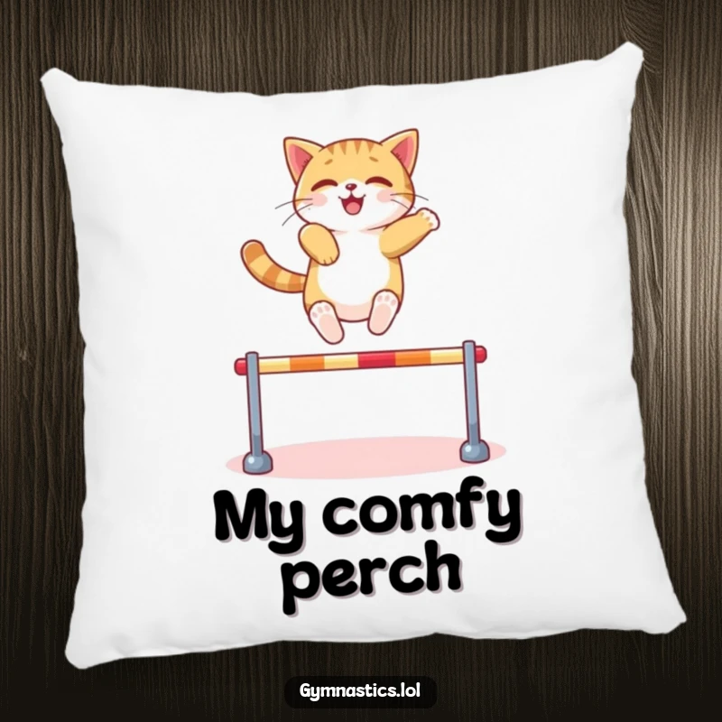 Funny Cat Pillow: A confident cat leaps over a miniature hurdle with ease, offering plush comfort and athletic humor, a delightful funny gift.