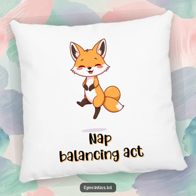 Funny pillow showcasing a joyful fox standing on one tiny foot, offering a whimsical touch of humor and comfort.