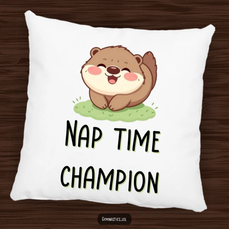 Funny pillow with a happy, fluffy otter tumbling on grass, offering soft comfort and a touch of playful animal-themed humor.