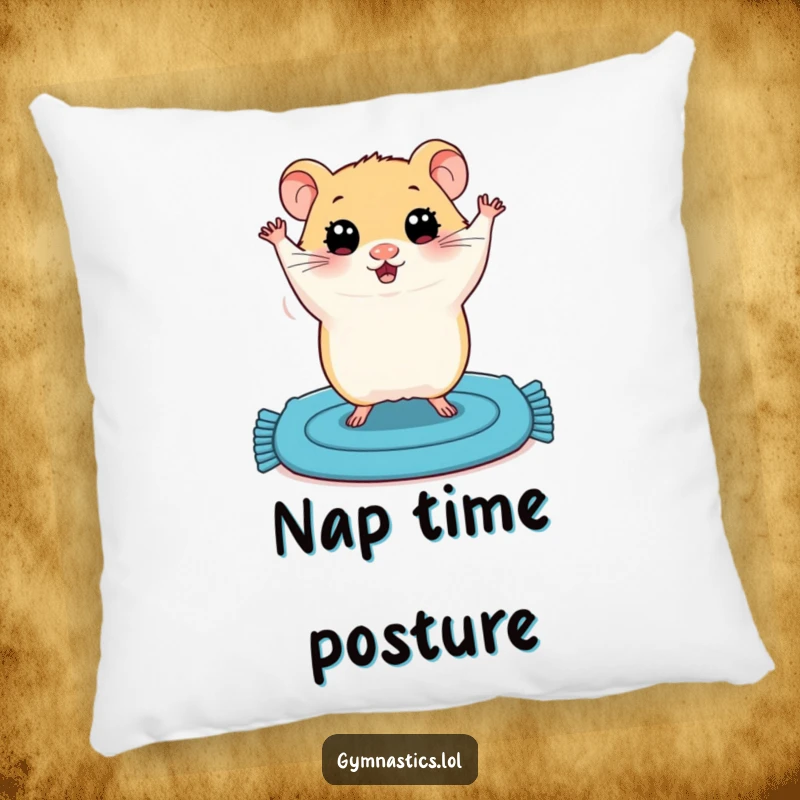 Funny pillow with a plump hamster, wide eyes, doing a shaky handstand on a blue mat, bringing cozy humor to any space.