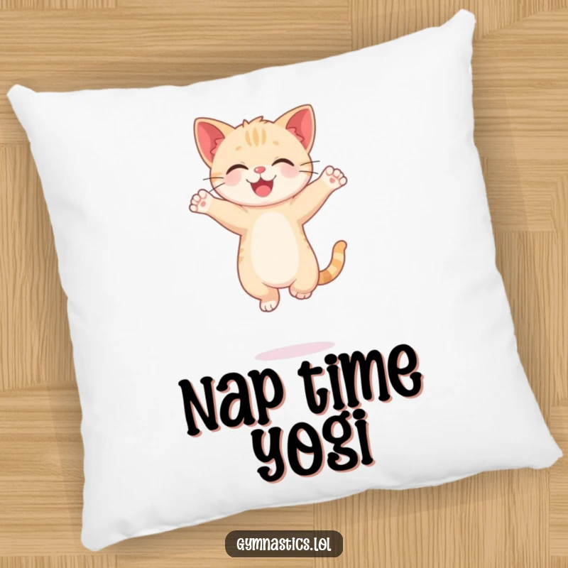 Funny Kitten Pillow with a happy cat balancing on one paw, arms in a graceful pose, offering comfort and humor.