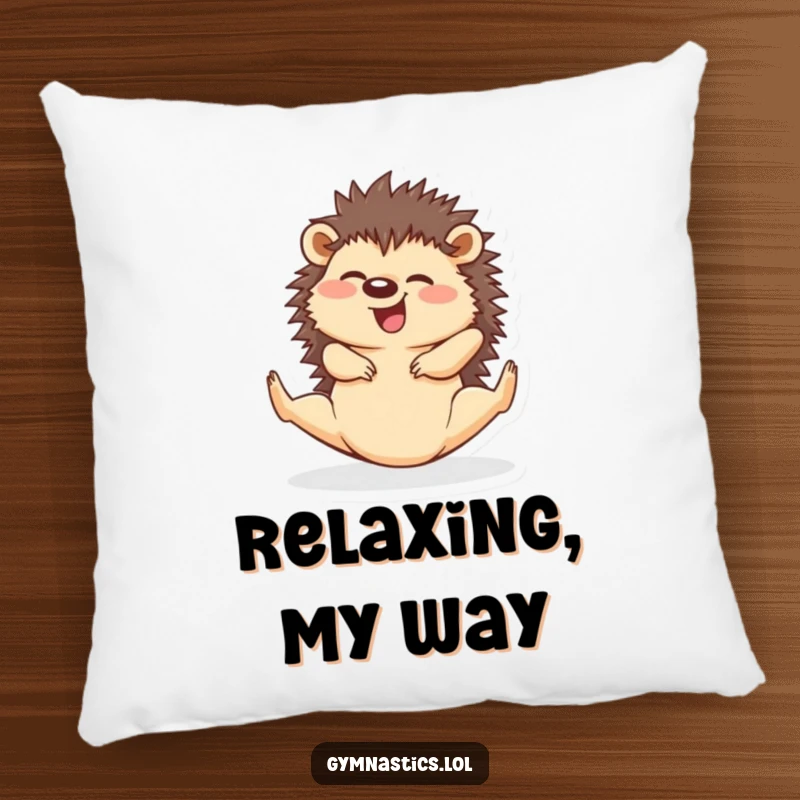 Funny hedgehog in a split pose, a soft and humorous pillow for relaxation and decor.