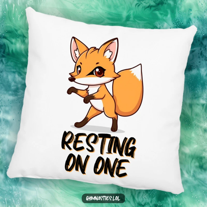 Funny pillow featuring a determined fox in a one-legged balancing pose, large eyes conveying a whimsical expression.