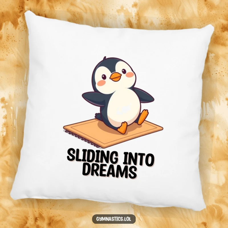 Funny pillow featuring a happy penguin sliding on a mat, offering comfort and a humorous visual.