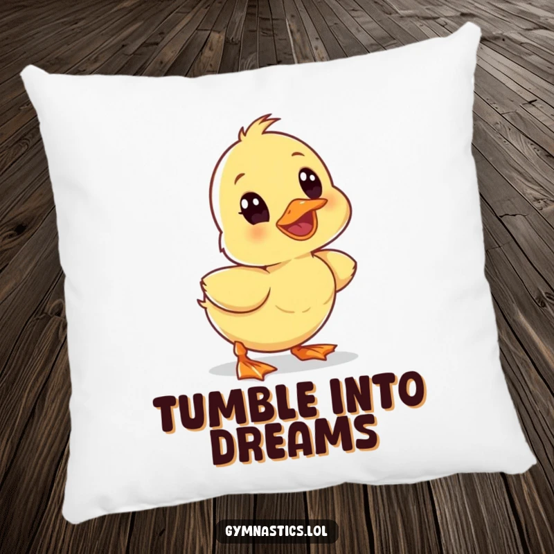 Funny wobbly duckling tumbling forward with a surprised expression on a soft pillow, bringing laughter and comfort.