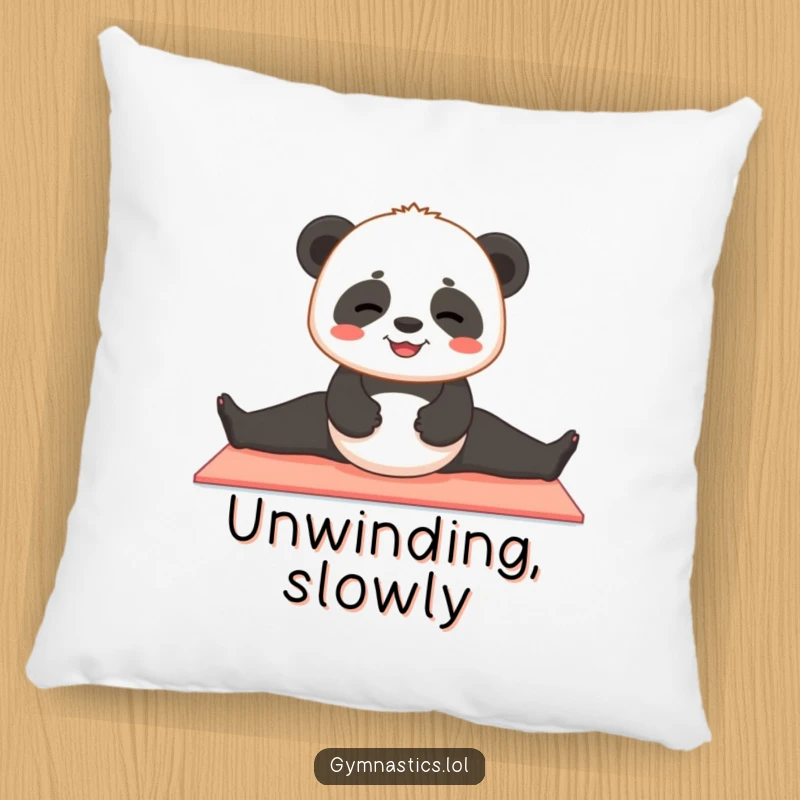 Funny panda pillow showing a contented panda cub attempting to do a split on a yoga mat, perfect for cozy, cute comfort.