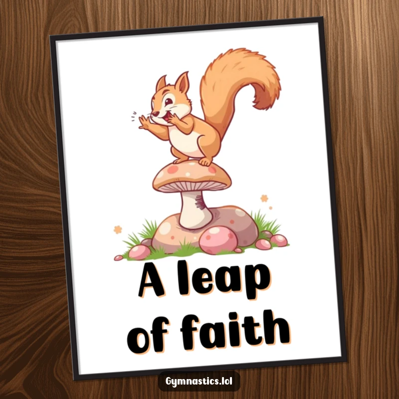 Funny digital art print of a squirrel doing a spectacular somersault on a springy mushroom, capturing action and humor.