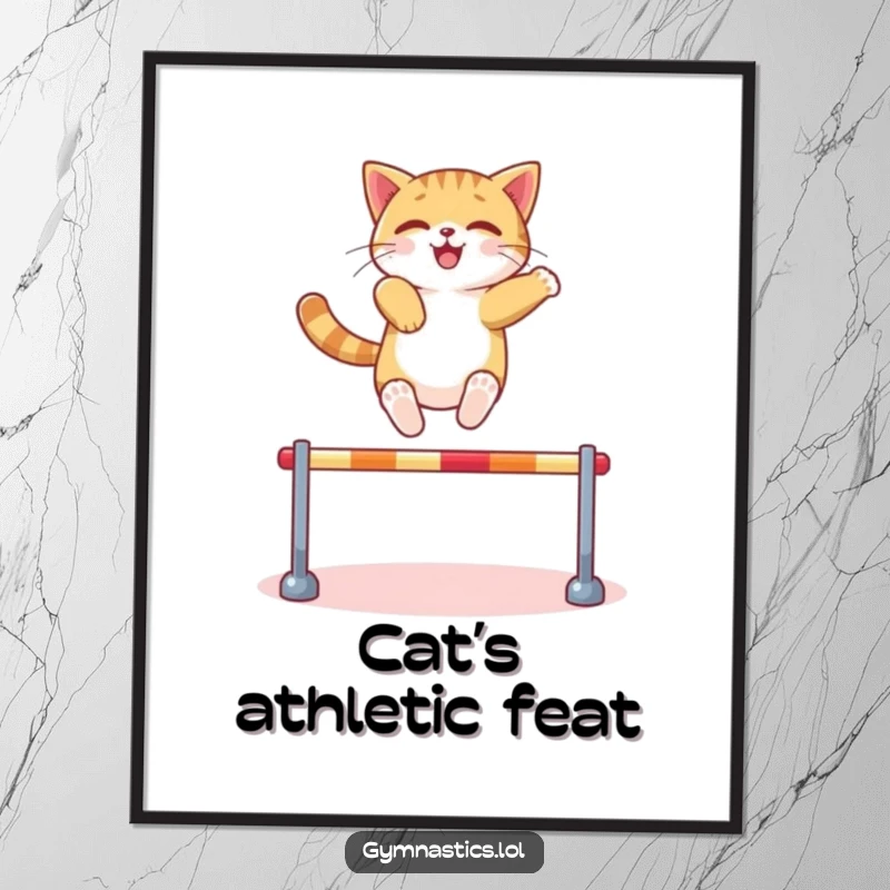 Funny Cat Digital Art Print: A confident cat leaps over a miniature hurdle with ease, showcasing athletic humor and feline charm for wall decor, a funny gift.