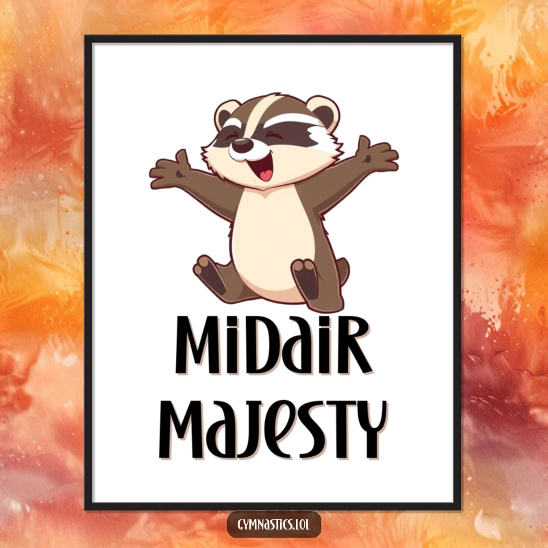 Funny badger digital art print showing a graceful badger leaping mid-flight with arms outstretched, adding elegant and humorous decor.