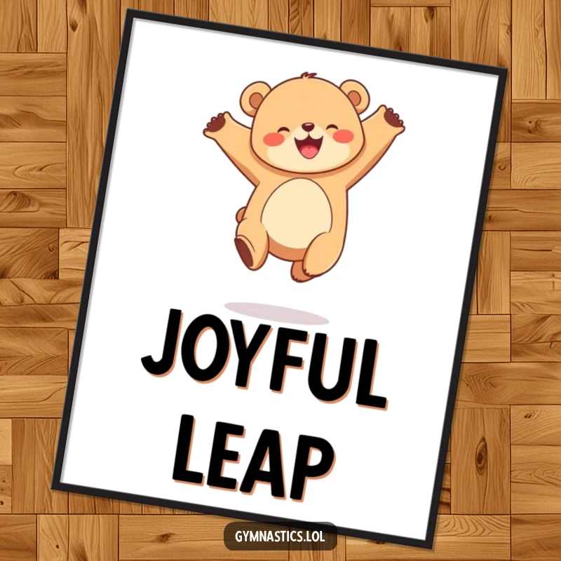 Funny digital art print of a joyful, round bear cub performing a graceful leap in the air, ideal for instant decor.