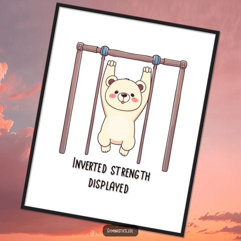 Funny Bear Gymnastics Digital Print: A proud bear hangs upside down from uneven bars, creating a humorous and inspiring piece of art.