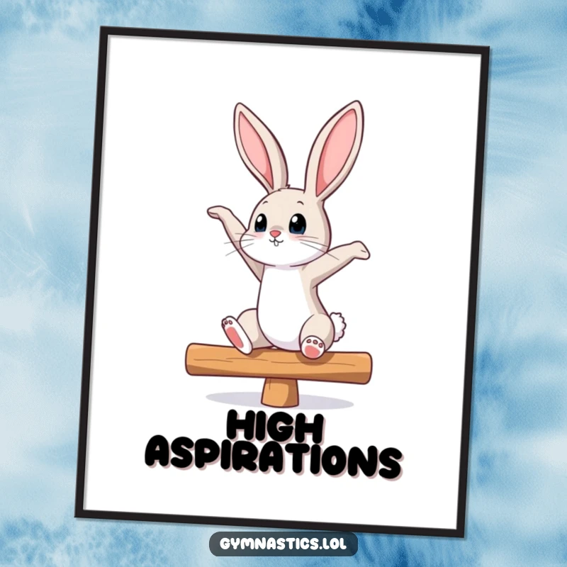 Funny bunny balance beam digital art print shows a curious bunny stretching on a balance beam, looking up, evoking grace and playful determination.