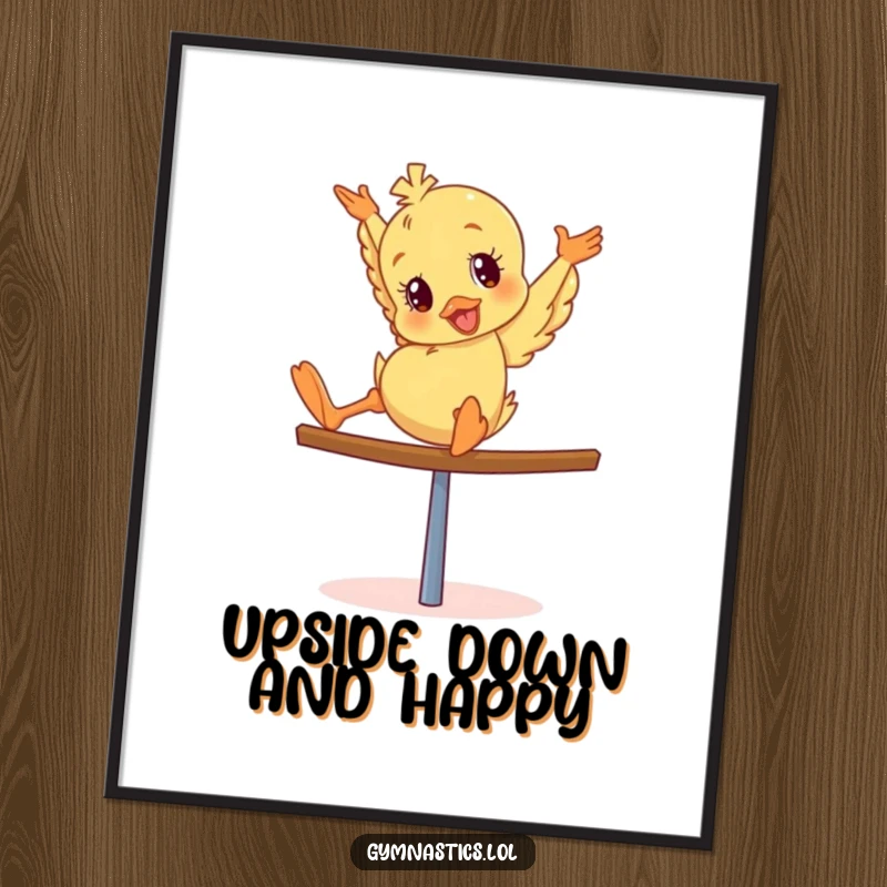 Funny Duckling Digital Art Print: Giddy duckling performing a comical head-over-heels tumble on a balance beam, full of playful energy.