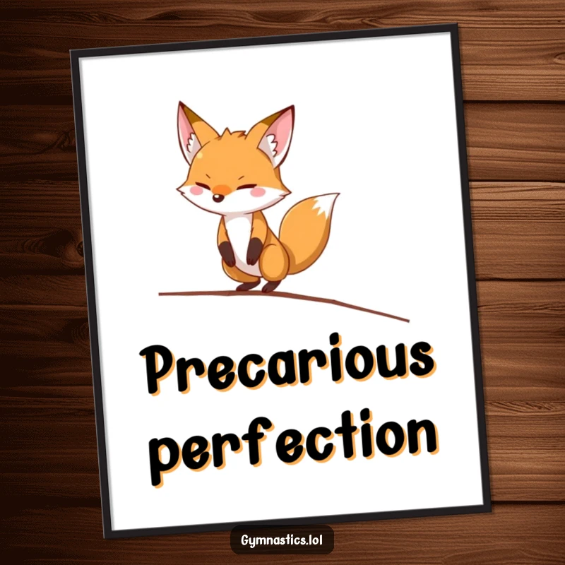 Funny fox digital art print showing a determined fox humorously balancing on a thin balance beam, for instant wall decor.