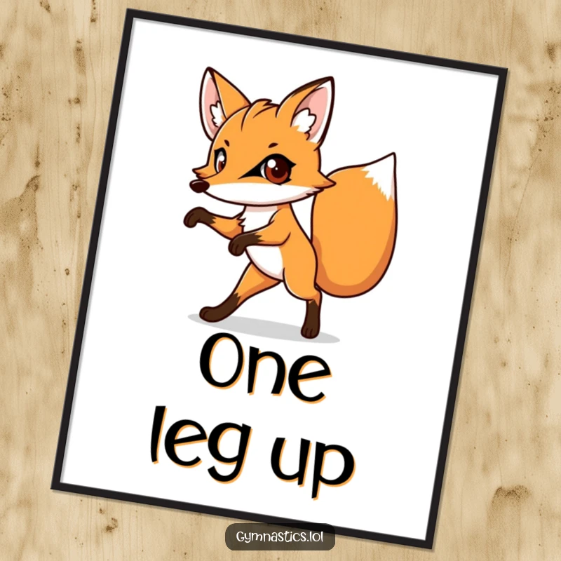 Funny digital art print of a determined fox balancing on one leg, its large eyes expressing pure comedic focus.