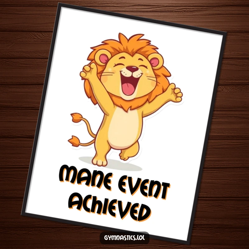 Funny lion digital art print of a proud lion in a handstand, roaring with glee, perfect for humorous and powerful decor.