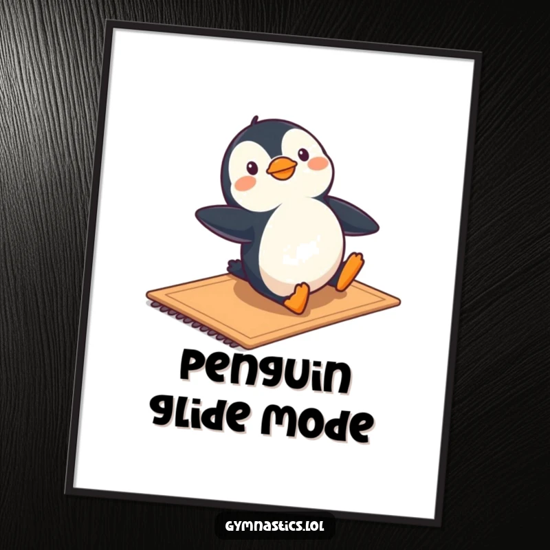 Funny digital art print of a penguin sliding gracefully in gymnastic pose, capturing motion and joy.