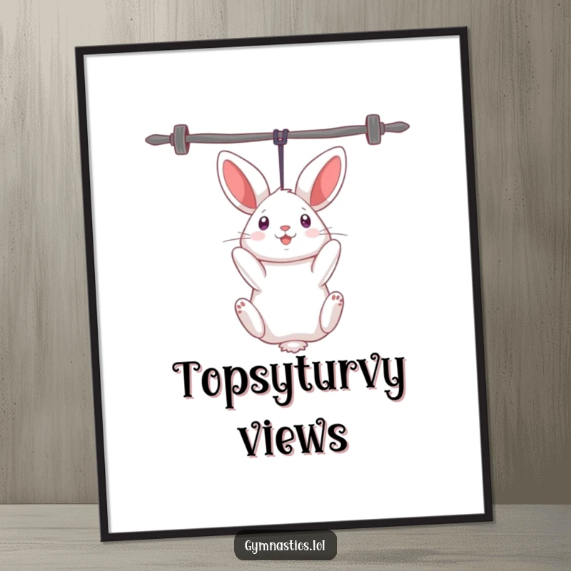 Funny rabbit digital art print showing a curious rabbit humorously hanging upside down from uneven bars, for instant wall decor.