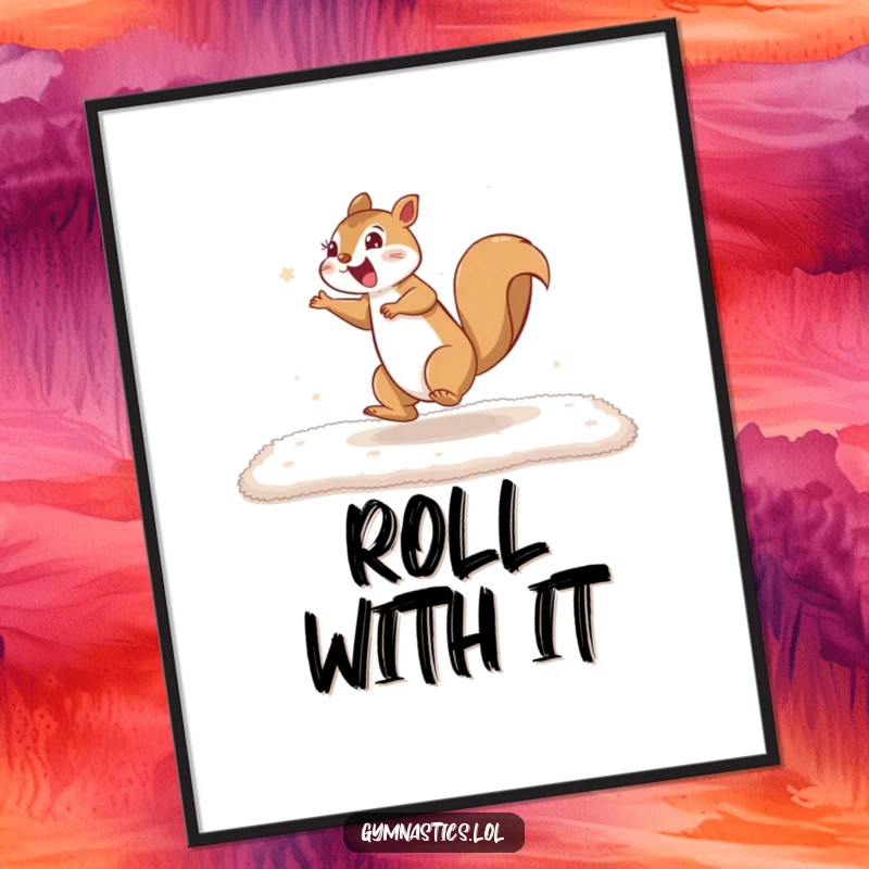 Funny squirrel cartwheel digital art print shows an excited squirrel in mid-cartwheel on a mat, full of motion and playful energy, perfect for decor.
