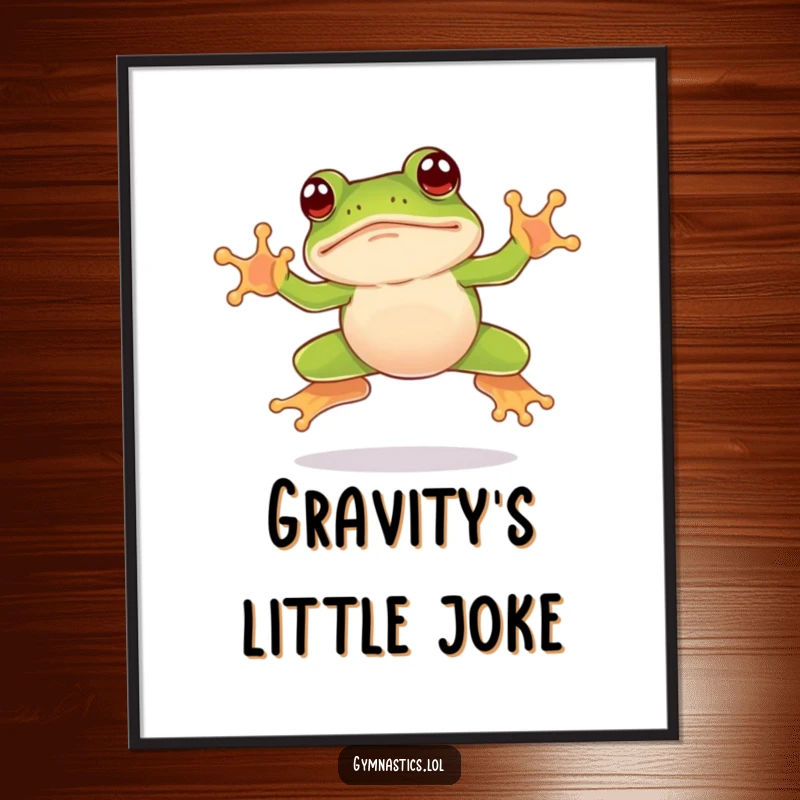 Funny frog digital art print of a leaping frog landing awkwardly on its nose, perfect for humorous and clumsy decor.