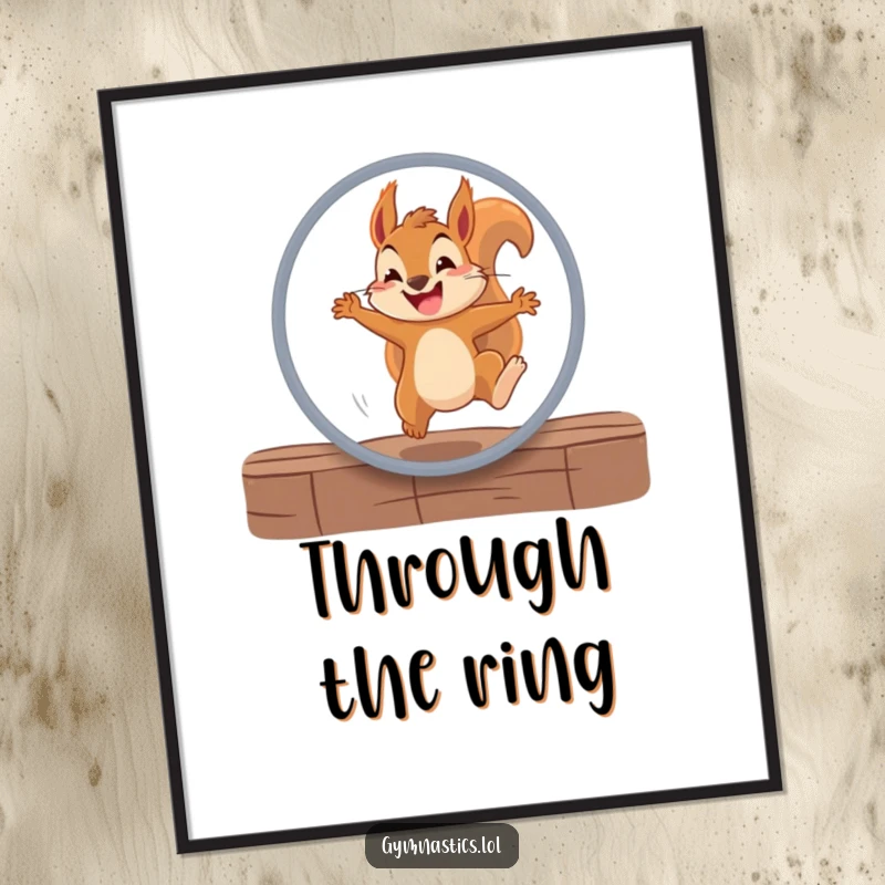 Funny squirrel digital art print showing a determined squirrel with a grin leaping through a hoop, adding dynamic and humorous decor.