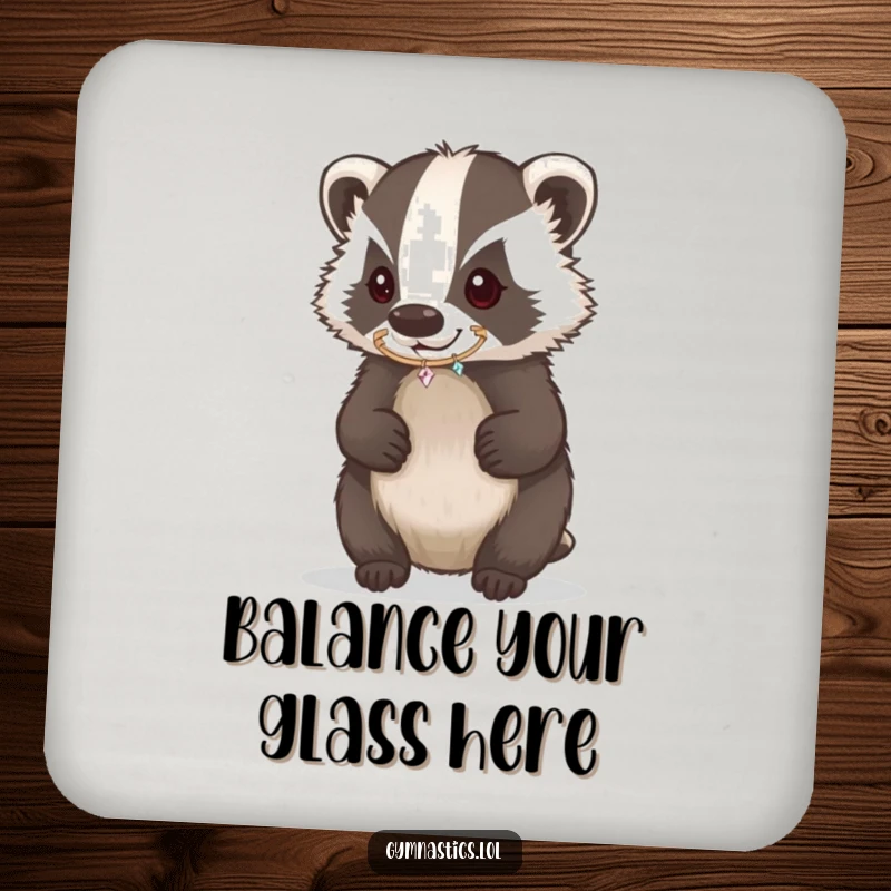 Funny Badger Coaster with a determined badger balancing a hoop on its nose, offering humorous surface protection.